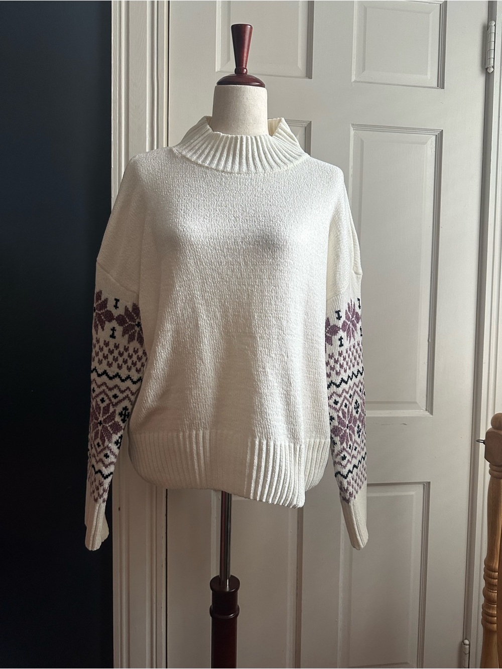 Cream Mock Neck Sweater with Patterned Sleeves Christian Siriano
